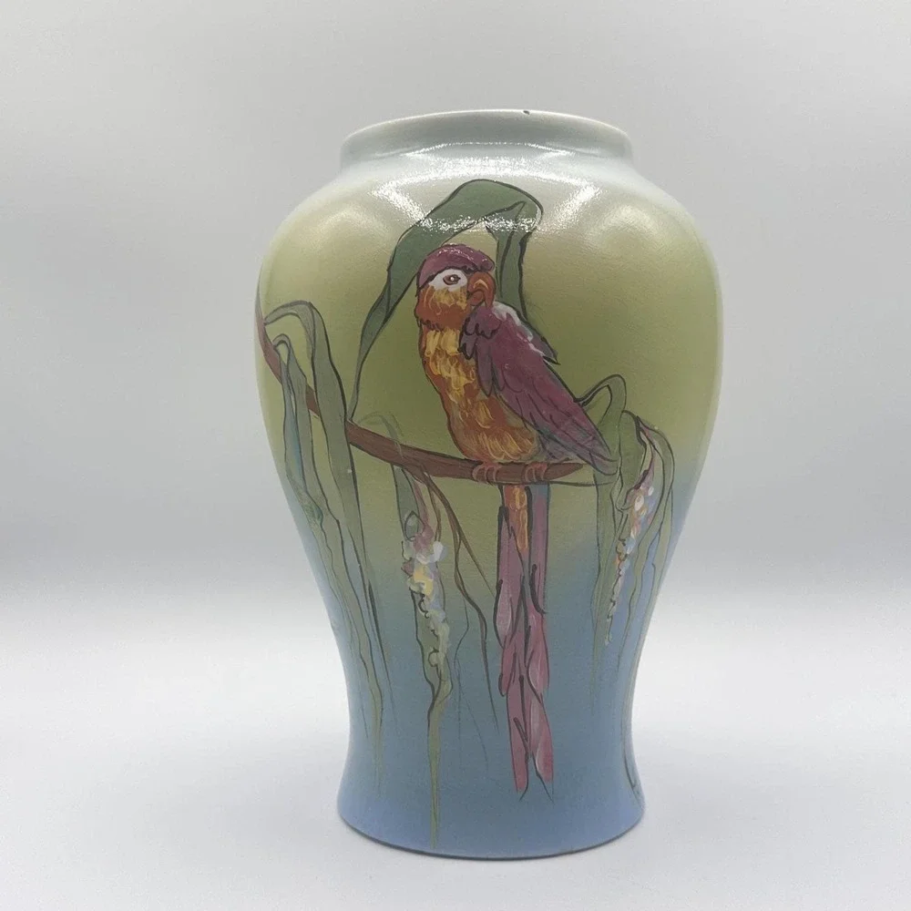 Rick Wisecarver Handcrafted Tropical Bird Ceramic Vase 1982 Green Blue 10in